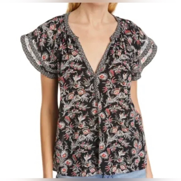 Joie Laurina Floral Red White Red Flutter Short Sleeve Top V-Neck Shirt Small - Picture 2 of 16